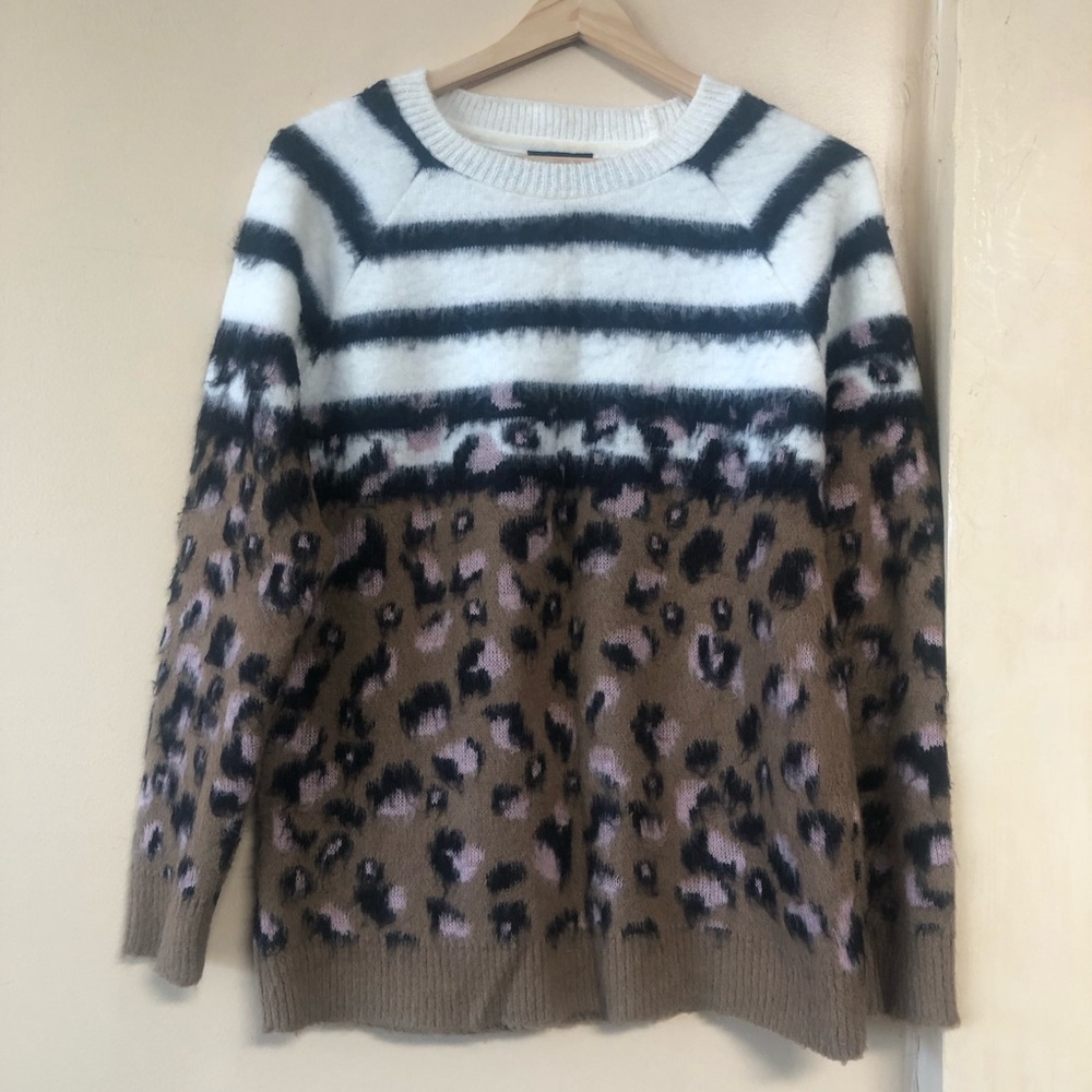 TOPSHOP Mariner Striped Leopard Fluffy Fuzzy Sweater White Black Brown Pink